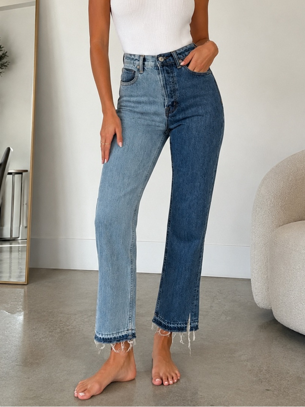 Helmut Lang Two-Tone Straight Leg Jeans - Light & Dark Blue